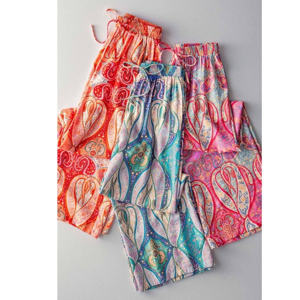 Womens Size Large Wide-Leg Paisley Print Pull-On Pants - Orange - Picture 5 of 5